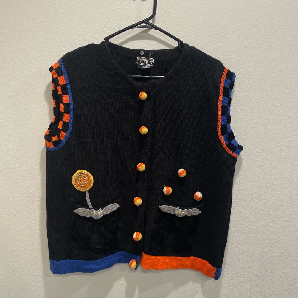 berek Black Sweater Vest with Orange and Blue Accents
